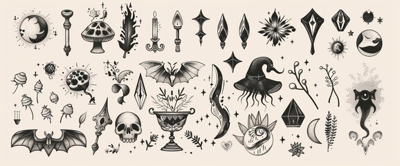 Naklejka premium Symbols of alchemy, witchcraft, and esoteric symbols are isolated on a white background in this set of mystic modern items.