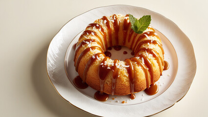 Baked Coconut Cake Drizzled with Caramel Sauce on Elegant Plate