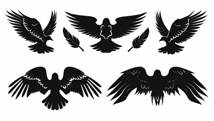 The flight of a bird or angel wing flat black icon set. Aviation pilot badge. Vintage army badge emblem falcon phoenix hawk. Flying winged frame. Biker logo stencil stamp.