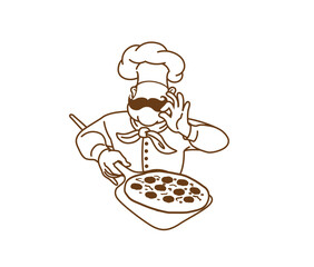 Creative Chef Cartoon Holding Pizza Hand Sign Logo Vector Design Symbol