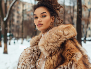 Model in a luxurious fur coat in an elegant city park