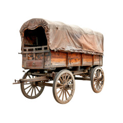 Vintage wooden covered wagon with a canvas top, showcasing historical transportation methods. Great for historical themes and educational purposes.