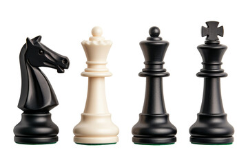 Close-up of chess pieces including a knight, queen, king, and rook, isolated on a white background. Perfect for strategy and competition themes.