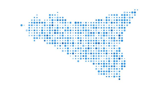 Sicily dotted digital map. Map of Sicily with pulsating colored circles. Shape of the island filled with blue disks. Elegant video.
