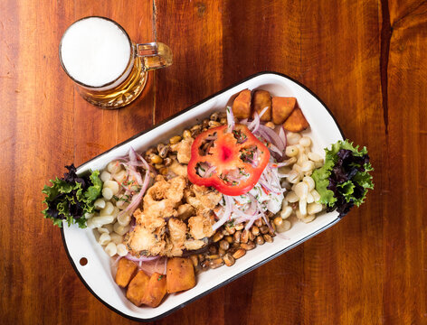 Seafood jalea, jalea de mariscos is a traditional and very popular Peruvian food