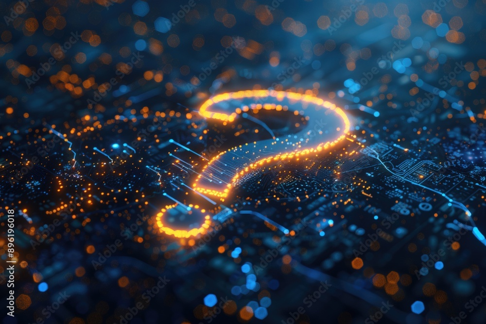 Poster glowing question mark symbol over digital circuit board with orange and blue lights. artificial inte