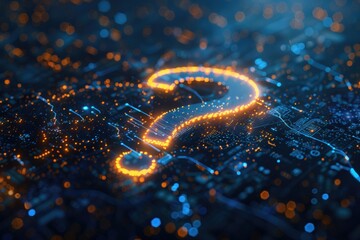 Glowing question mark symbol over digital circuit board with orange and blue lights. Artificial intelligence, technology, innovation, data analysis, problem-solving, curiosity, tech support.