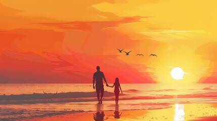 Obraz premium Illustration of Family enjoying a walk along the beach at sunset