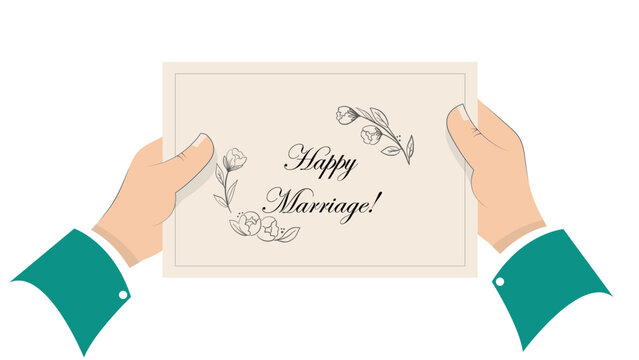 Design: Two Hands Holding Paper with Floral 'Happy Marriage' Message