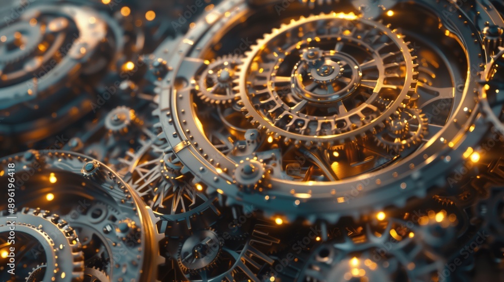 Poster close-up view of intricate mechanical gears and cogs with glowing highlights. engineering, machinery