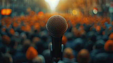 Closeup of a microphone with blurry people background