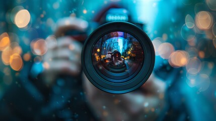 Closeup of a camera shows a camera man capturing