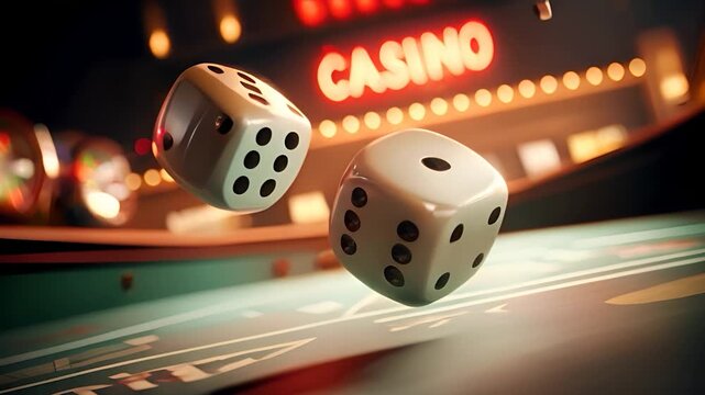 Slow motion dice roll in vibrant casino setting, capturing the thrill and anticipation of gambling in high definition video footage