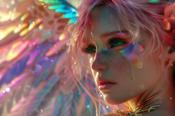 Fantasy portrait with colorful iridescent effects and glitter