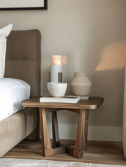 Bedside table with décor items in a modern bedroom.