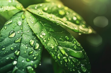 Dewdrops on a Green Leaf