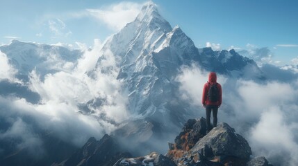 A man has reached the top of the mountain in himalayan