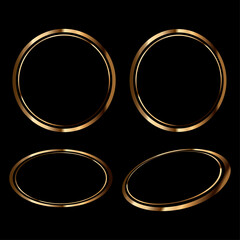 Collection of golden round and oval frames on a black background. Empty space for an image, painting, postcard or photograph. 3D realistic modern vector illustration template