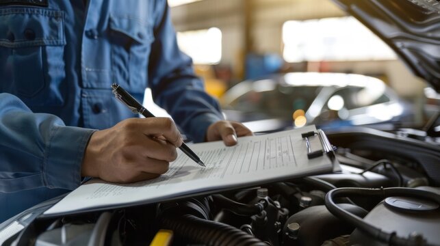A car mechanic checklist to the clipboard insurance with inspecting the car at garage workshop, Car auto services, and maintenance check concept. auto repair shop for car service.