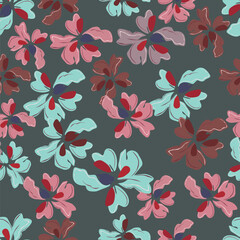 Beautiful floral pattern in vintage folk style. Hand-drawn flowers, leaves, berries on a dark background. Creative botanical backdrop for prints, wallpapers, fabrics