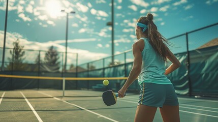Obraz premium Young strong woman as a pickleball player practicing in her field