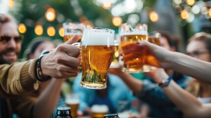 Friends toasting with beer mugs at an outdoor gathering during a festive evening. Celebration, social event, friendship, outdoor party, beer festival, group activity, camaraderie concept.