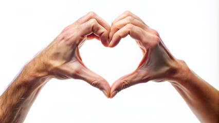 Two gentle hands, with fingers intertwined, form a loving heart shape, conveying affection and unity, set against a soft, creamy, dreamy white background.
