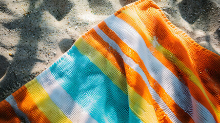 a down view of a beach towel towel on sand on a hot day