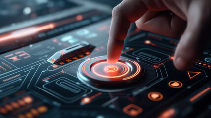 Obraz premium Close-up of a finger interacting with a futuristic touchscreen interface, featuring illuminated buttons and digital markings on a high-tech control panel.