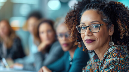 Obraz premium Confident woman with glasses sitting in a meeting with colleagues, bright modern office background. Professional setting, teamwork, business meeting, women's leadership, corporate environment.