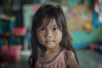 A young girl stands in a room, her long hair flowing down her back