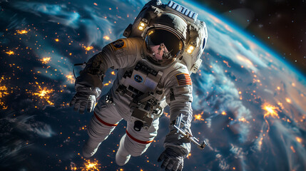 Astronaut with Repair Tools - Astronaut in space using tools to repair a satellite or space station, with planets and stars in the background