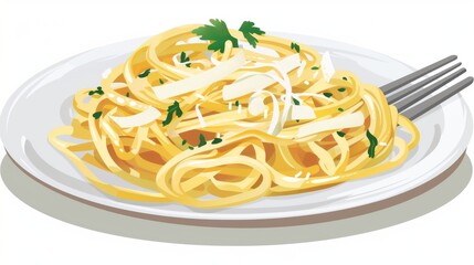Illustration of Plate of fresh pasta with pesto sauce and parmesan