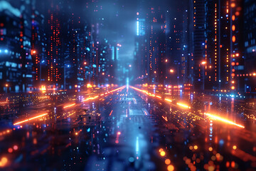 A binary background with dark blue and touches of neon highlights creating a technological and futuristic aesthetic