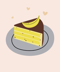 Illustration with Slice of Cake at Banana and Chocolate Taste 