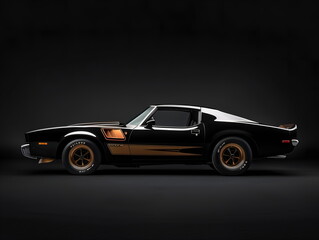 Fototapeta premium A car stands isolated on dark background, front side view Sports car, retro 90th autonomous vehicle HUD car