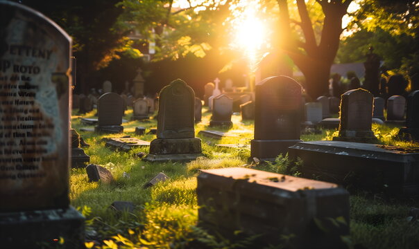 A graveyard with tombstones, sunlight Cemetery, sunrise, gravestone