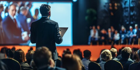 Public speaker giving talk at Business Event. The man in the suit is standing on stage giving a speech to the audience at a business conference or presentation workshop for students.