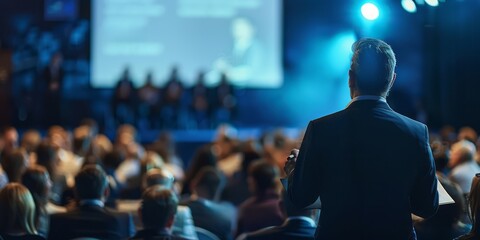 Public speaker giving talk at Business Event. The man in the suit is standing on stage giving a speech to the audience at a business conference or presentation workshop for students.