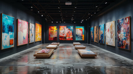 View of a contemporary art exhibition in a gallery, featuring diverse artworks arranged in the space