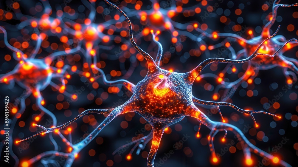 Poster close-up image of glowing neurons connecting in a neural network, representing brain activity and ne