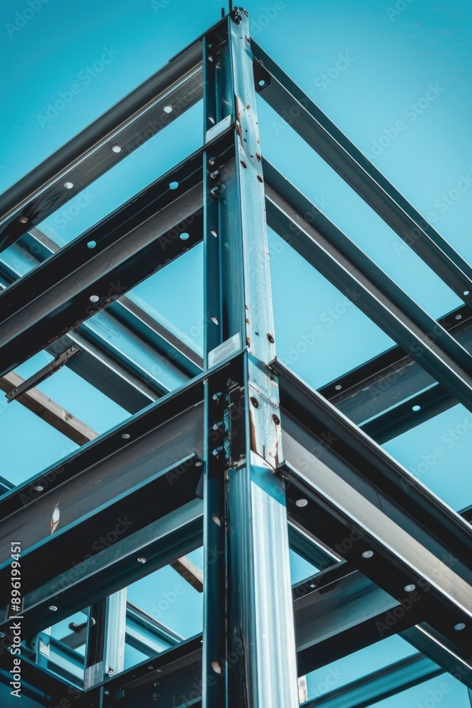 Poster a steel frame with a clear blue sky in the background, suitable for use in architecture, engineering