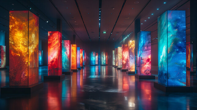 Screens displaying digital artworks, including animations and computer graphics, in a modern art gallery