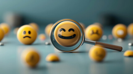 A magnifying glass highlighting a smiling yellow emoticon among multiple emoticons with different expressions on a surface.