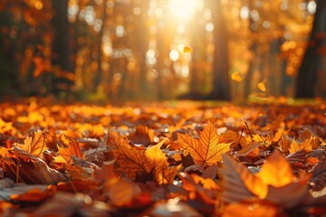 A picturesque scene of a field with leaves and the sun shining through the trees in the background