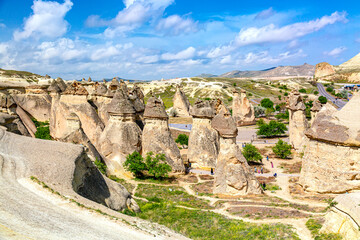 Fairy chimneys rock formations in Pasabag valley in Cappadocia, Turkey. Popular tourist destination in Turkey.