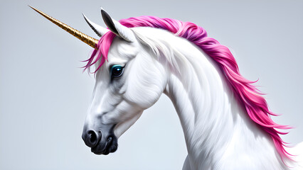 Naklejka premium Unicorn head with pink mane and horn on gray background