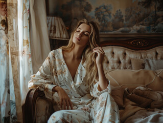 Obraz premium Model in a stylish pajamas relaxing in a luxurious bedroom
