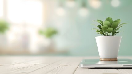 Minimalist Workspace with Plant and Laptop.