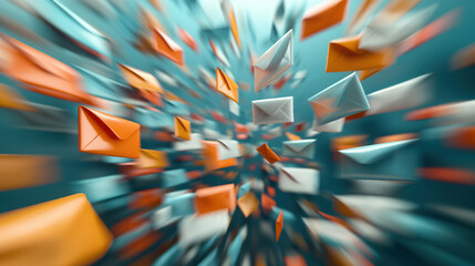 Dynamic composition of multiple flying envelopes in motion, representing quick email communication or message exchange on a teal background.